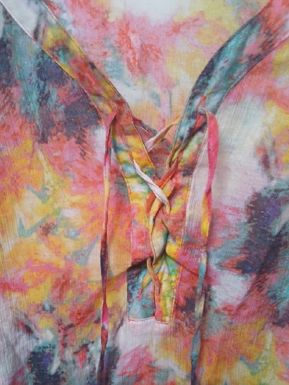 grand & greene Watercolor Tie-Front Top in Pink, Blue & Yellow - Picture 3 of 8